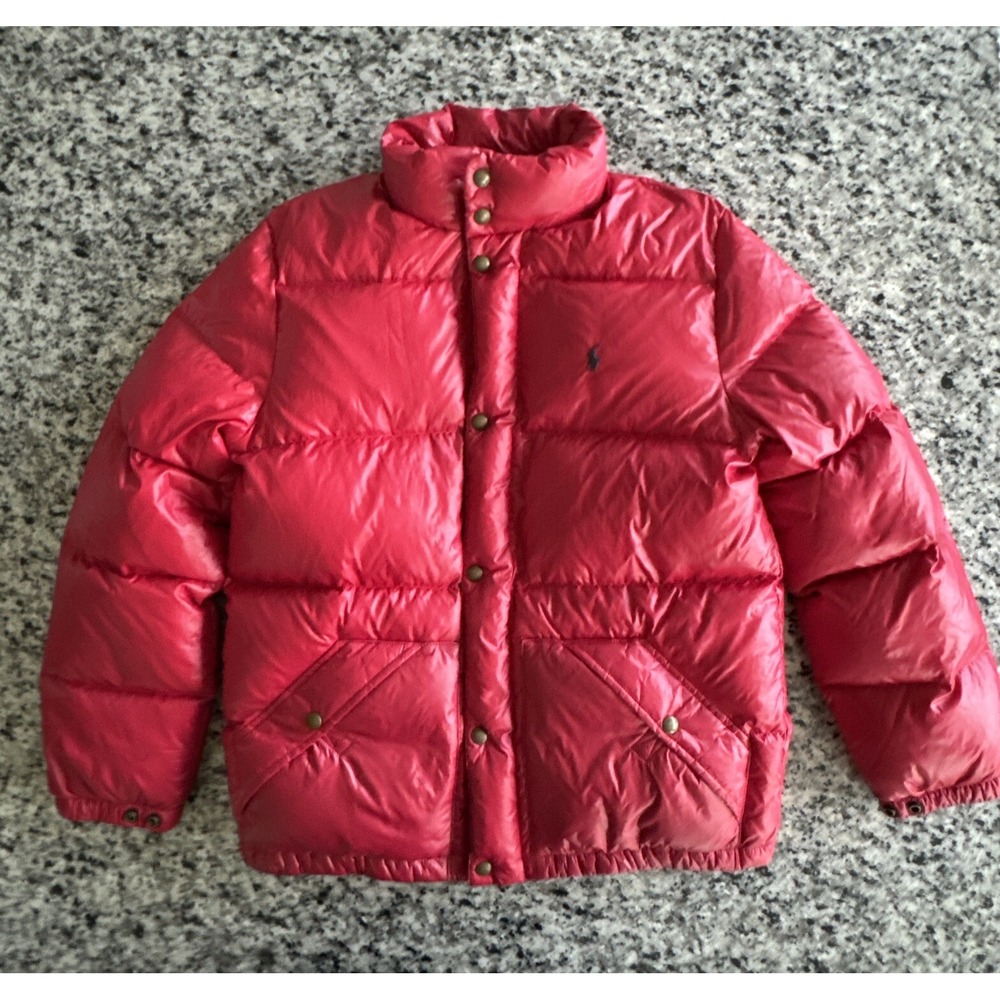 Polo Ralph Lauren White Duck Down Puffer Jacket Red Sz XL 18-20 Kids Nylon